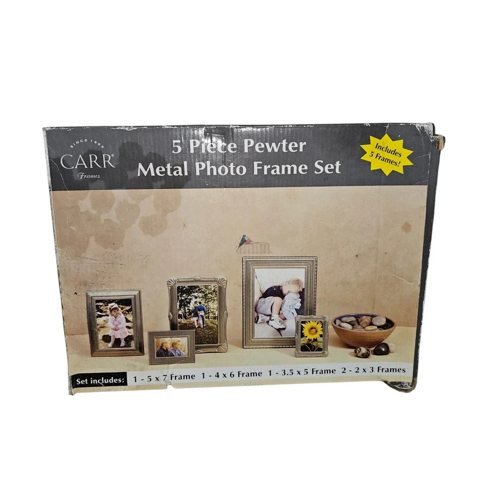 Carr 5 Piece Pewter Metal Photo Frame Set Silver New Distressed Box